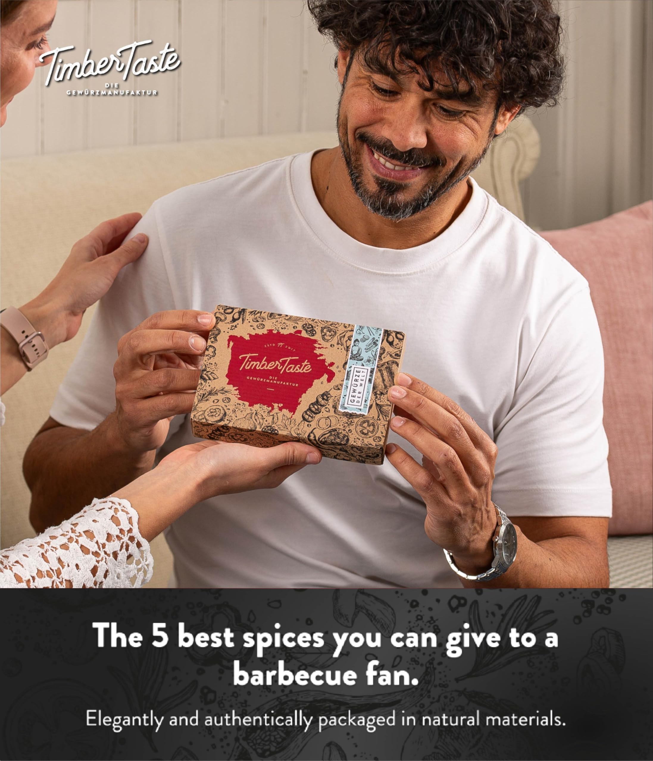 TIMBER TASTE® Zestaw upominkowy z przyprawami do grilla dla mężczyzn – 5 wyszukanych przypraw do grilla wraz z przepisami kulinarnymi – akcesoria do grilla, prezenty dla mężczyzn, specjalny zestaw