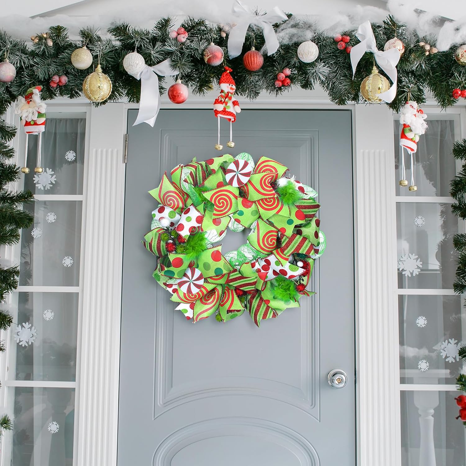 Knitgrip 14 Inch Christmas Door Wreath Christmas Front Door Decoration Wreath Red and Green Ribbon Reef for Indoor Outdoor Garland Porch Window Wall Xmas Tree Fireplace Mantel