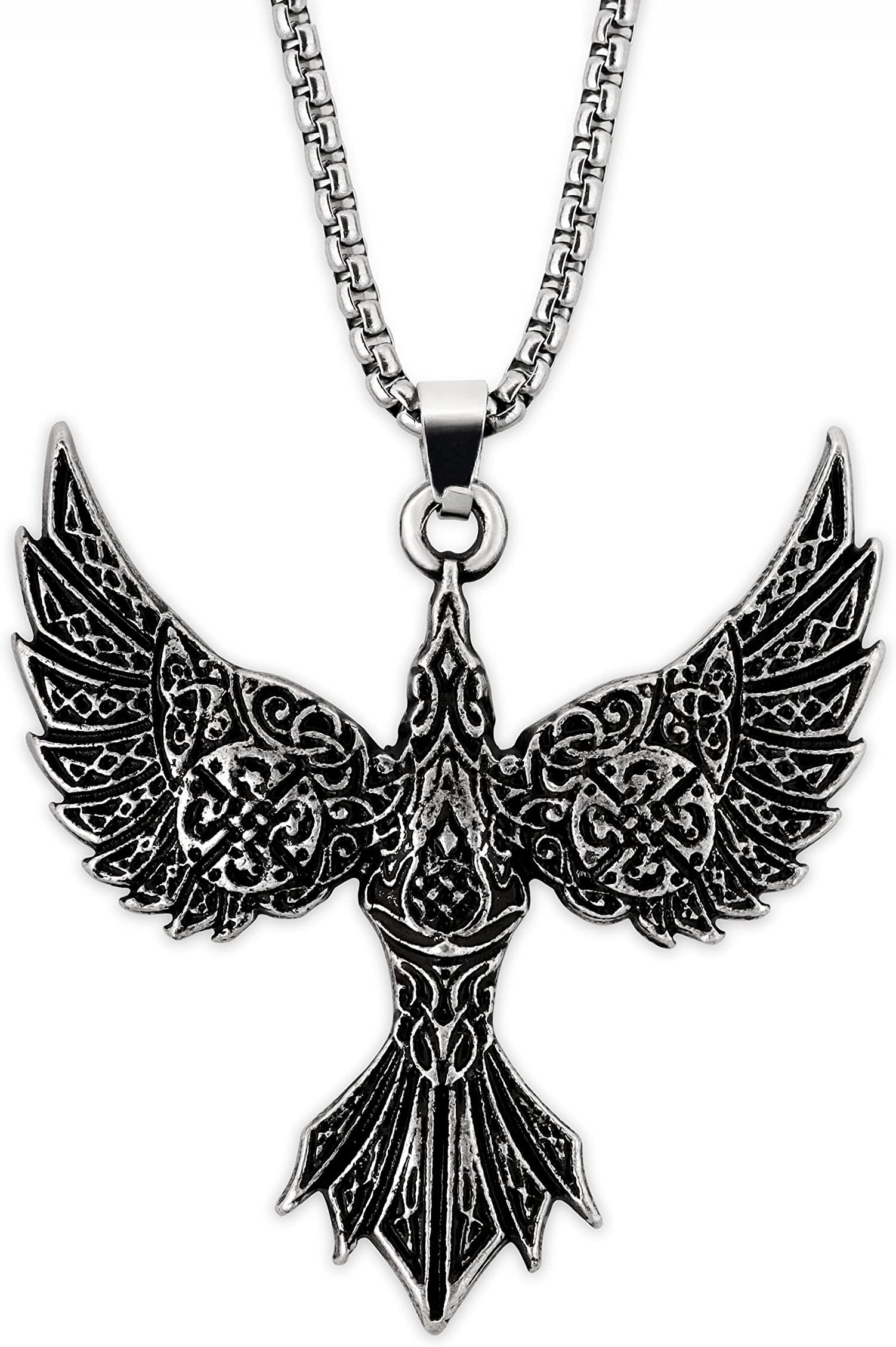 Celtic Flying Raven Totem Pendant Necklace, Box Chain, Jewelry Gift for Men and Women