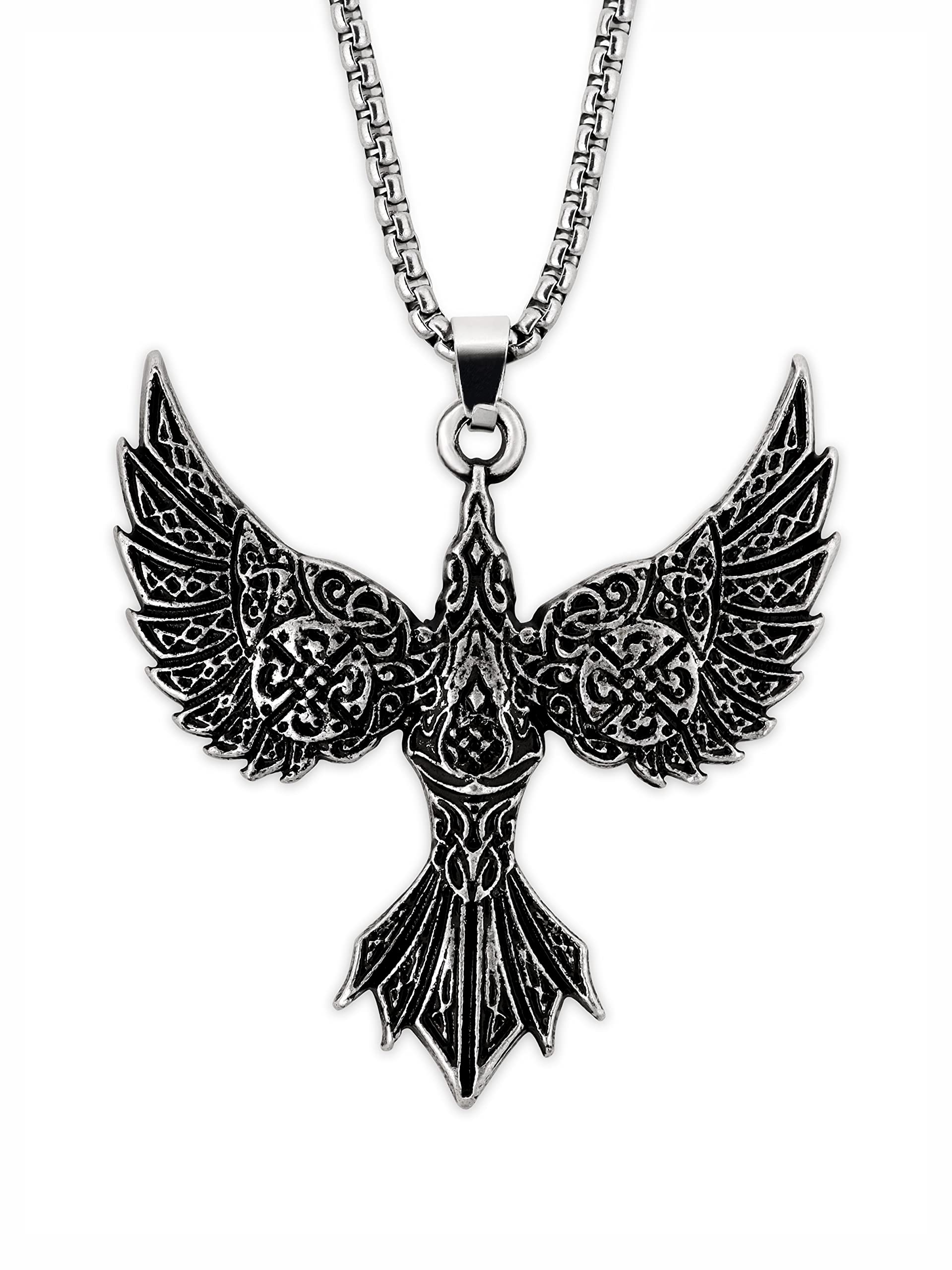 HAQUILCeltic Flying Raven Totem Pendant Necklace, Box Chain, Jewelry Gift for Men and Women