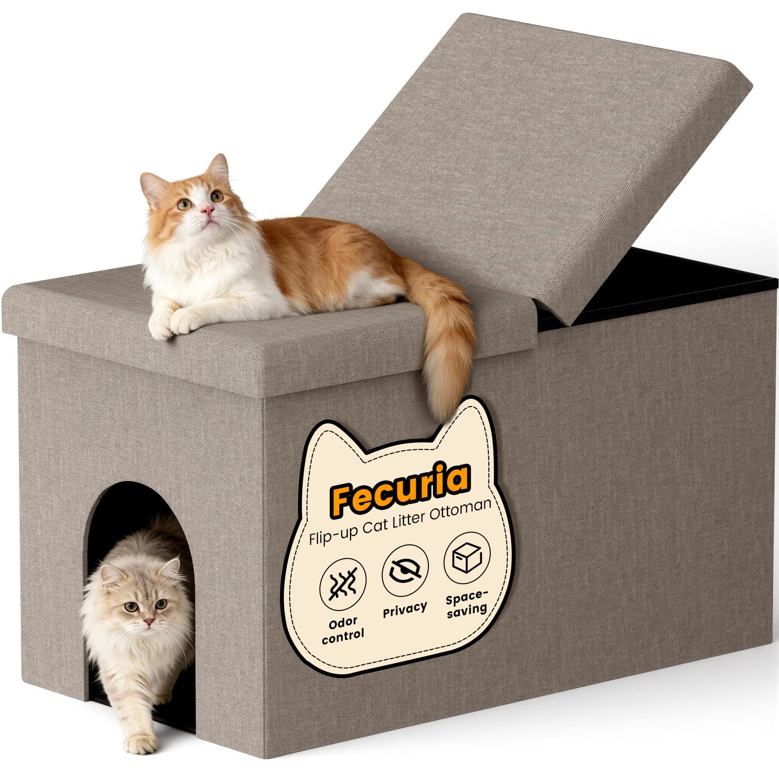 3-in-1 Cat Litter Box Enclosure with Odor Control, Multi-Functional Hidden Litter Box Furniture Bench, Dog Proof, Space-Saving Ottoman Cabinet with Flip-Up Lid, Storage Footrest, Light Grey