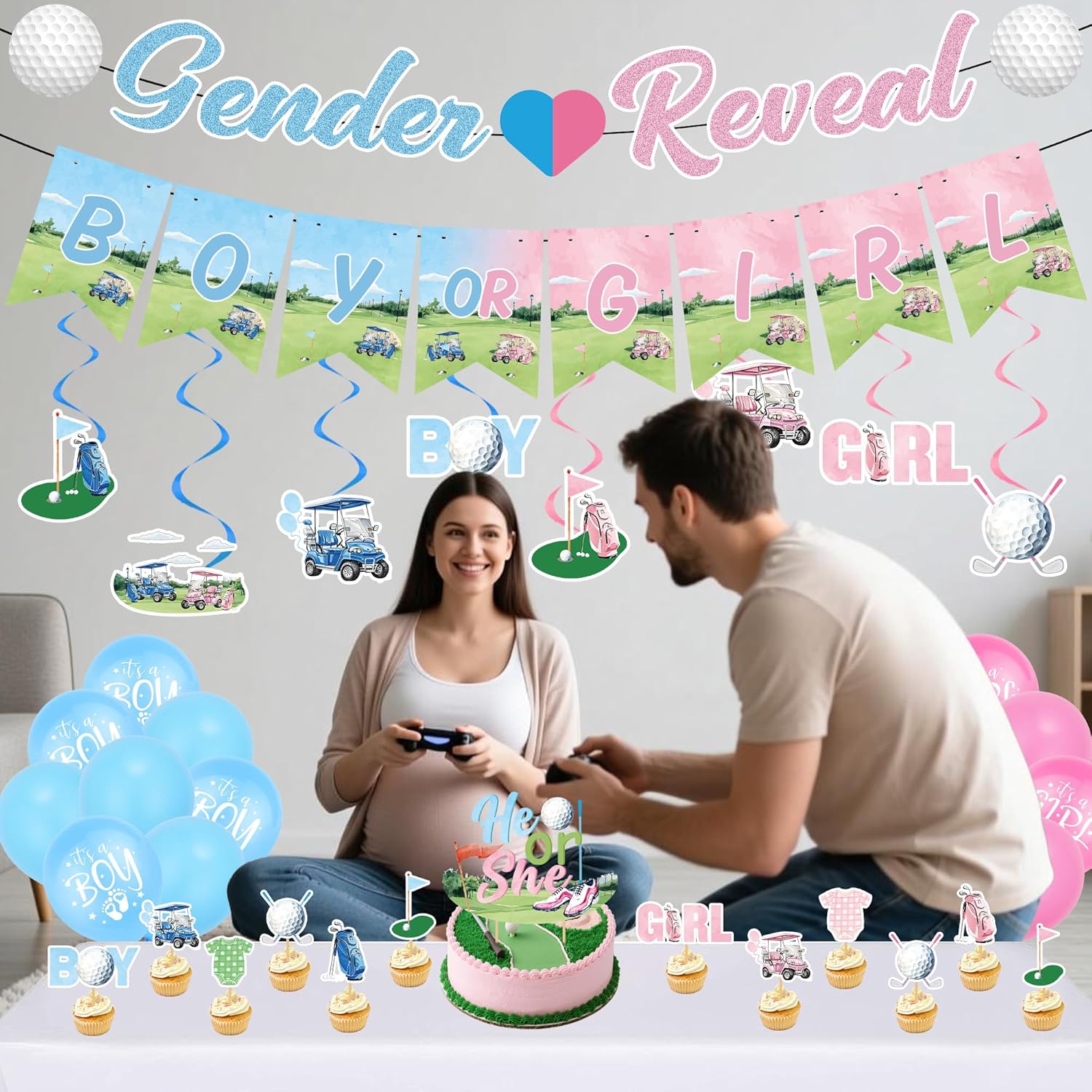 Golf Gender Reveal Decorations Banner - 39 Pcs Blue Pink He Or She Banner Golf Club Ball Balloons Swirls Garland Boy Or Girl Cake Cupcake Toppers For Pregnancy Celebration Newborn Party Supplies