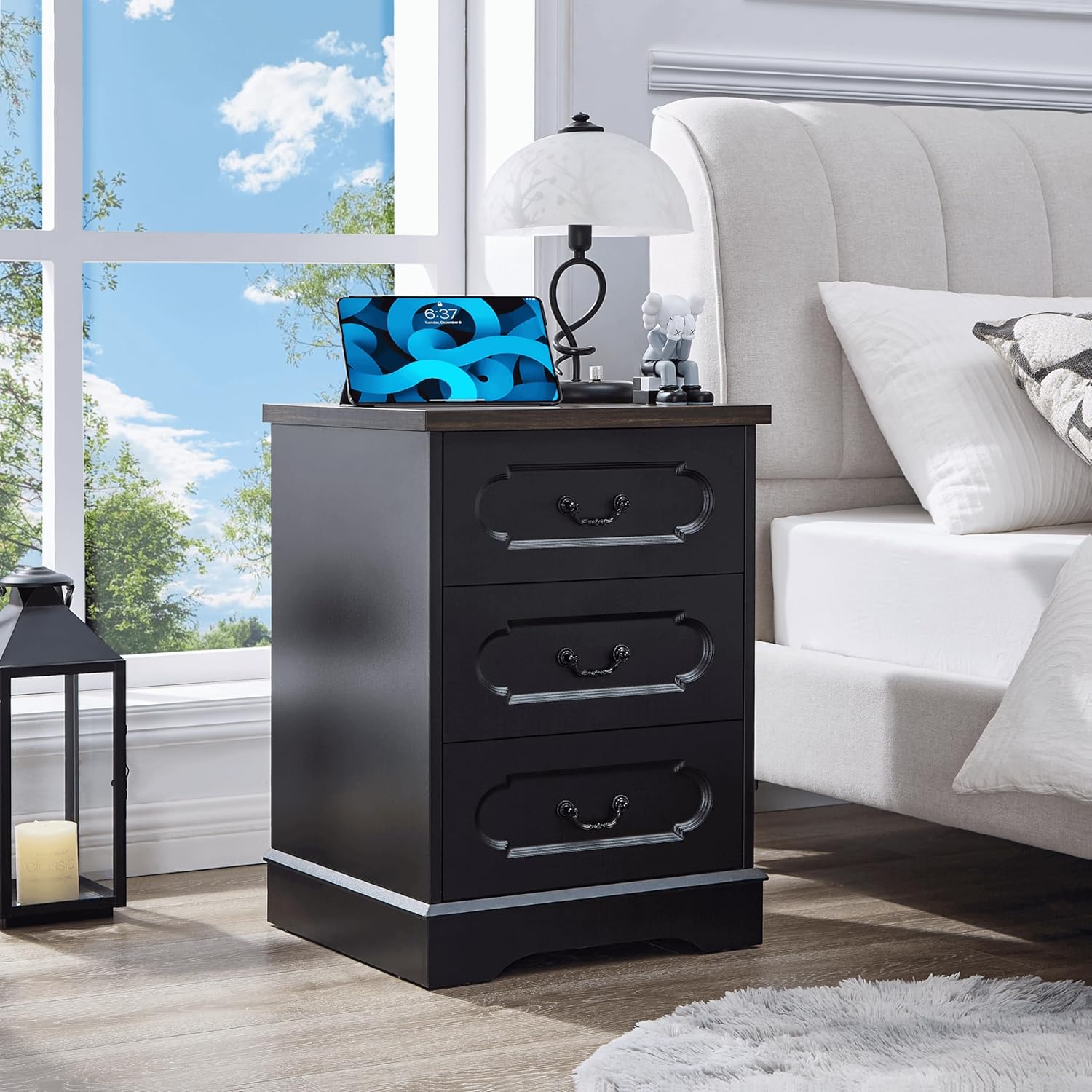 LIDYUK Farmhouse Black 3-Drawer Bedroom Dresser with Charging Station - Rustic Wood Chest of Drawers for Bedroom, Living Room Storage