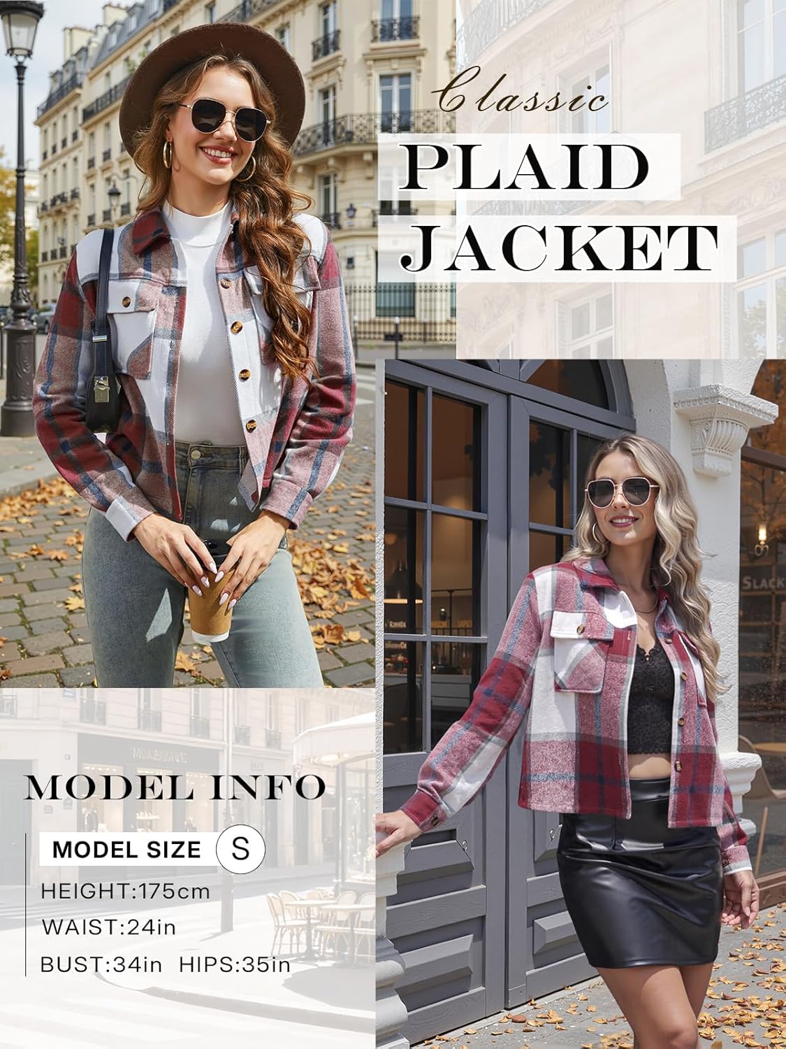 Women's Cropped Plaid Shacket Jacket Long Sleeve Button Down Shirt Coat Tops with Pockets - Image 5