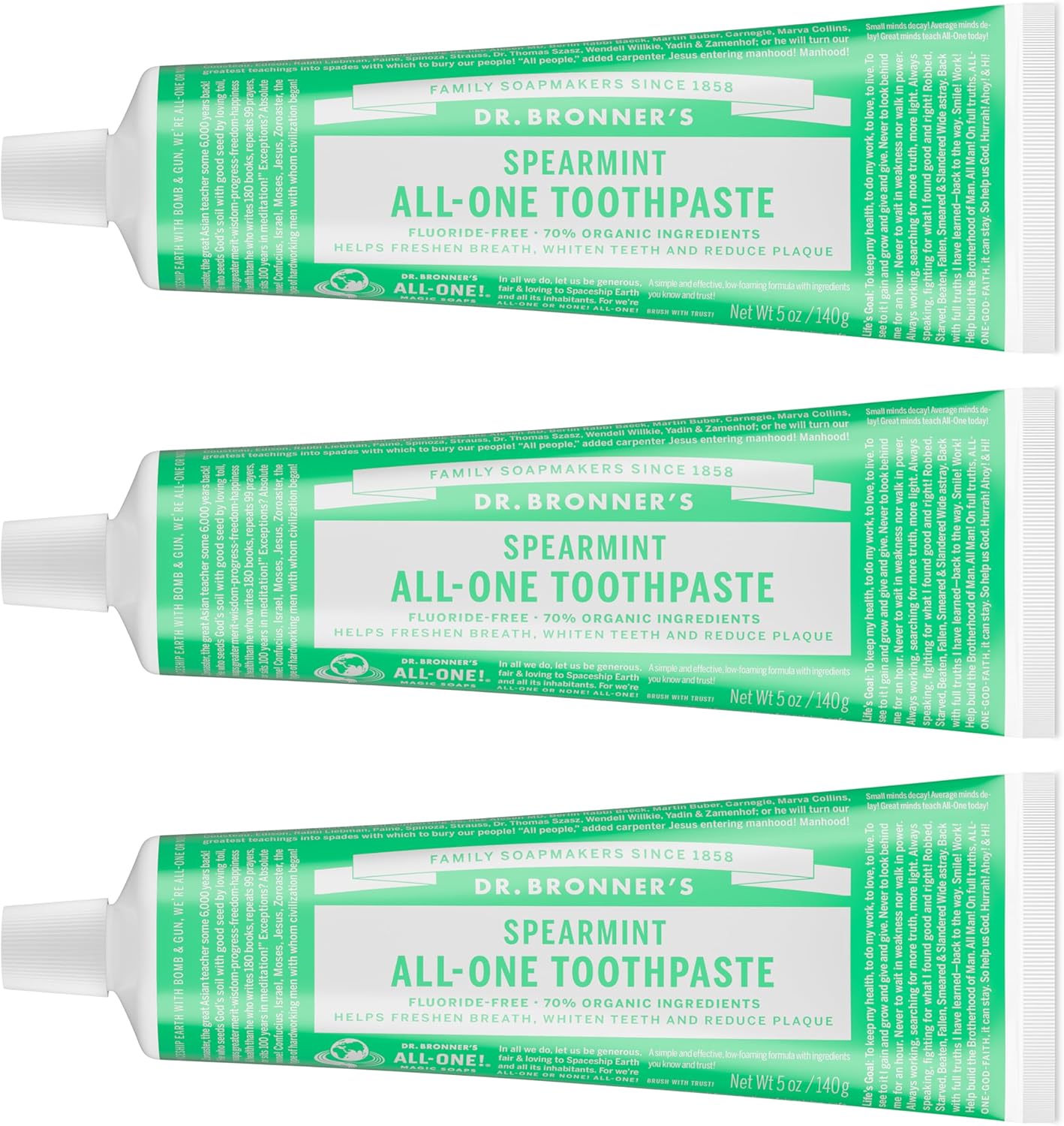 Dr. Bronner’s All-One Toothpaste Pack of 3– Spearmint, 5 oz– Fluoride-Free Toothpaste for Adults, SLS-Free, 70% Organic & Natural Ingredients, Vegan, Helps Freshen Breath & Reduce Plaque