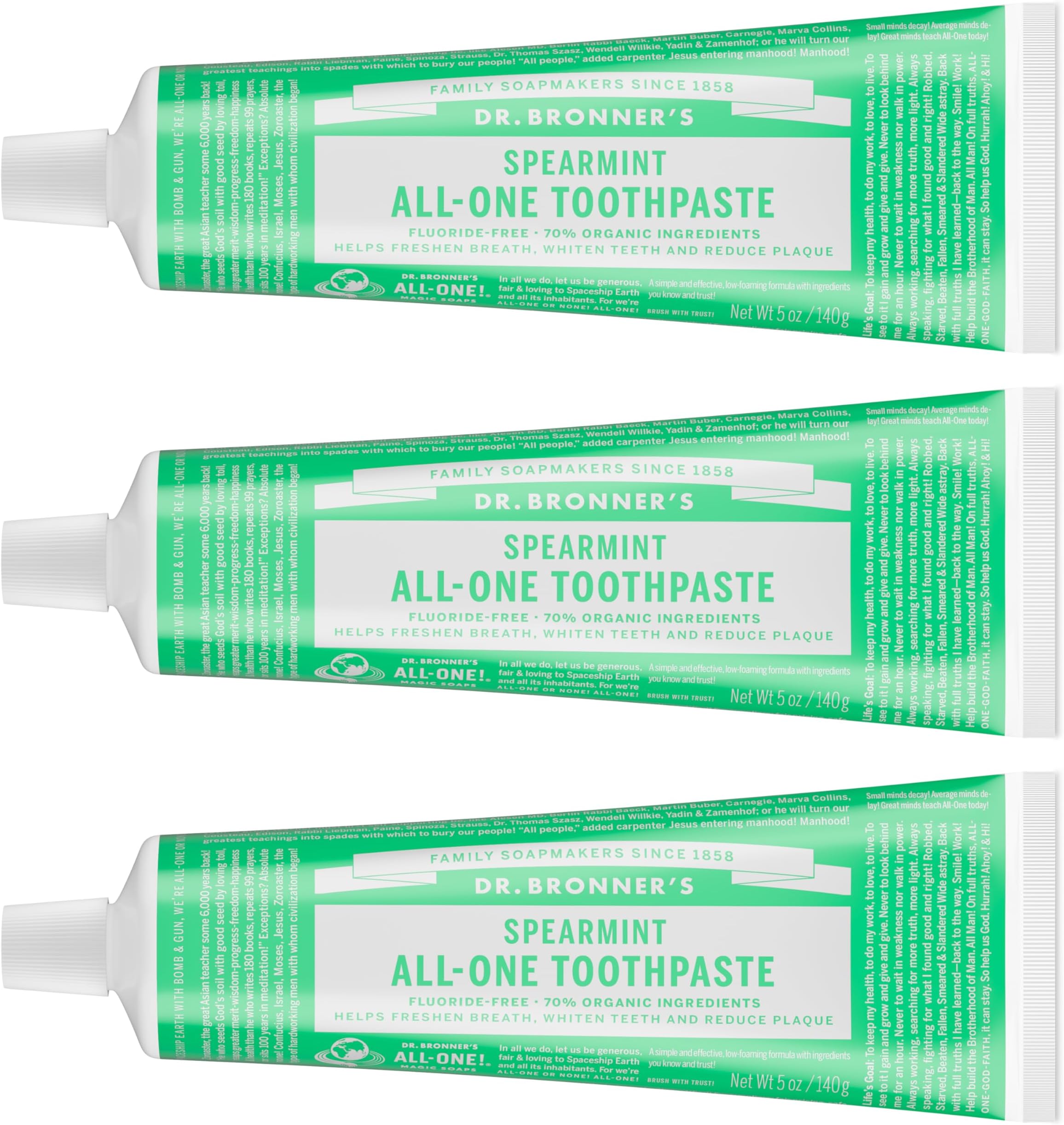 Dr. Bronner’s All-One Toothpaste Pack of 3– Spearmint, 5 oz– Fluoride-Free Toothpaste for Adults, SLS-Free, 70% Organic & Natural Ingredients, Vegan, Helps Freshen Breath & Reduce Plaque