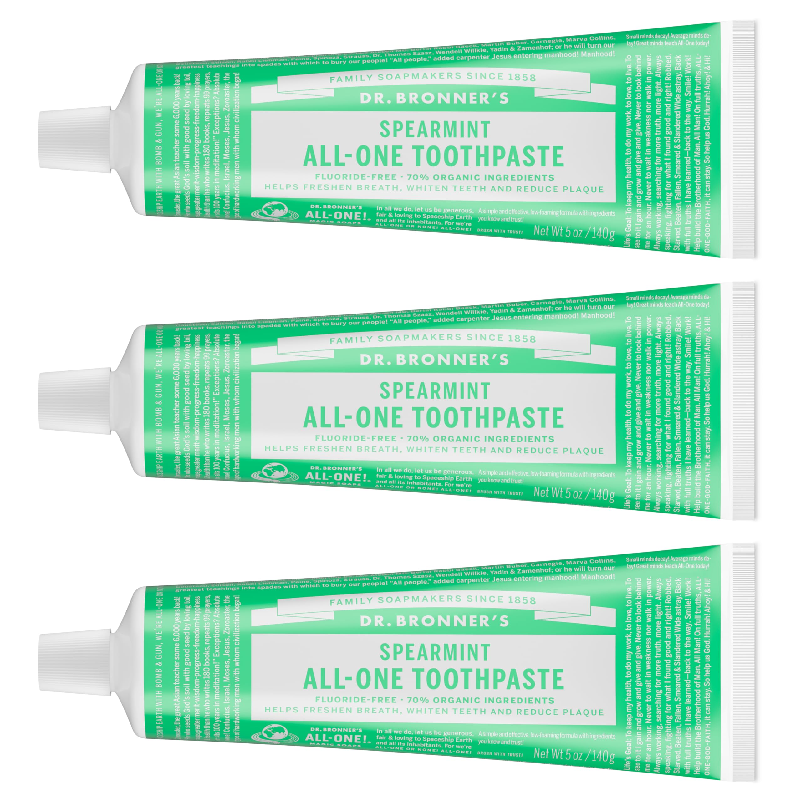 Dr. Bronner’s All-One Toothpaste Pack of 3– Spearmint, 5 oz– Fluoride-Free Toothpaste for Adults, SLS-Free, 70% Organic & Natural Ingredients, Vegan, Helps Freshen Breath & Reduce Plaque