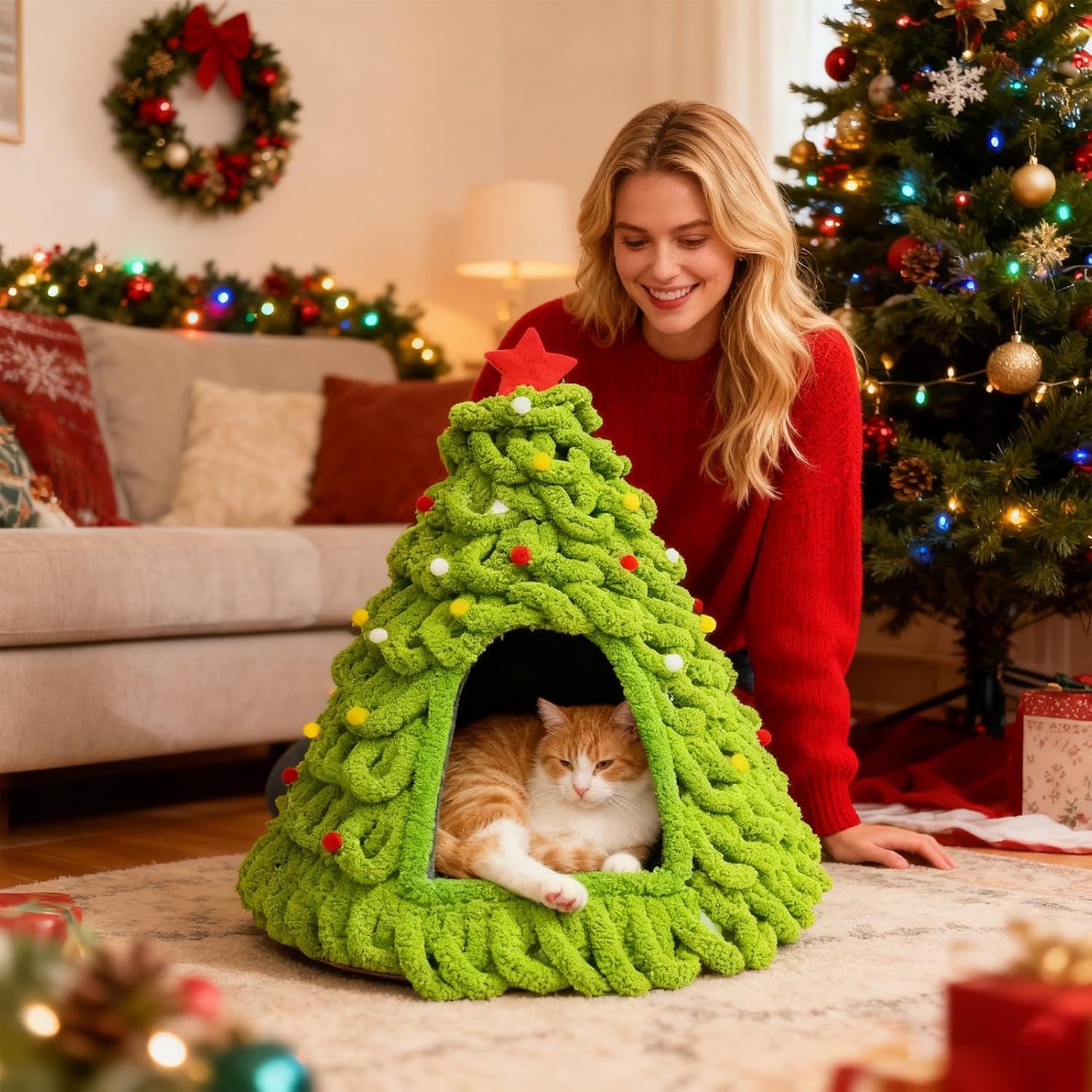 猫ハウス,ニット 製 柔らかい 木 デザイン シェルター | 猫 クリスマス ツリー - 【はじめ】 子犬や子猫などの小動物向け