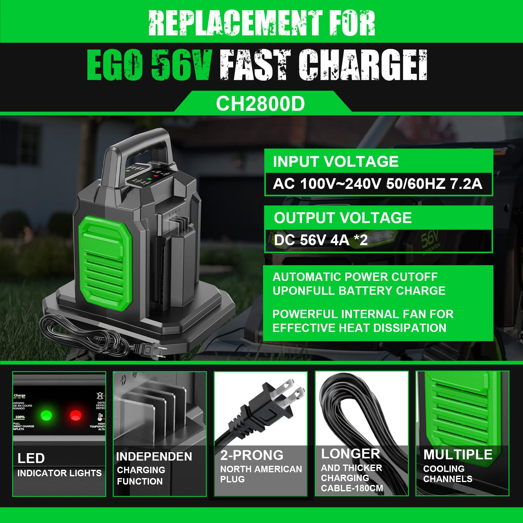 Supowill CH2800D Dual Charger Replacement for EGO 56V Battery Charger, Compatible with EGO 56V Batttery BA2800 BA4200 BA1400, for EGO Power+ CH2800D 56-Volt 280W Dual Port Charger