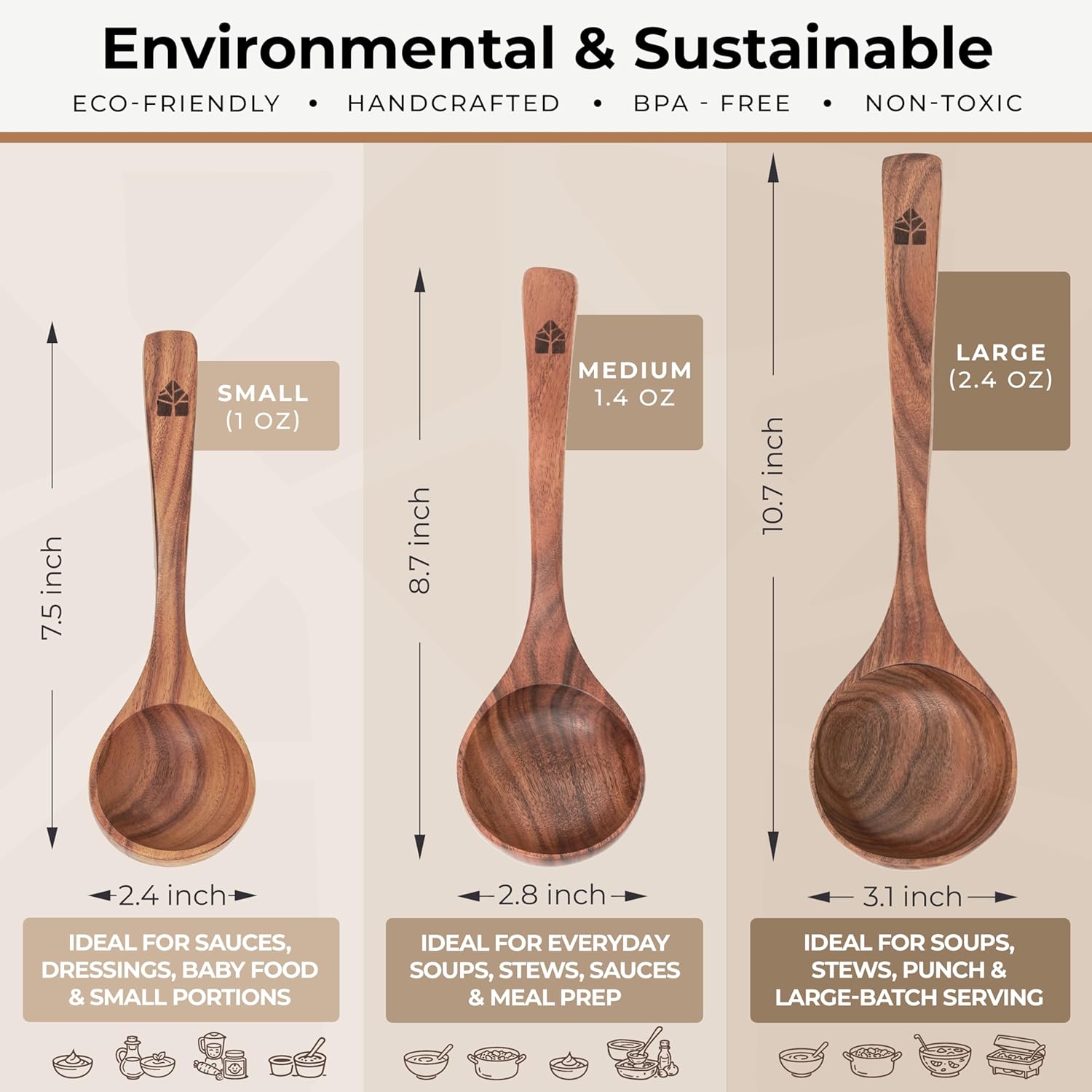 Wooden Ladle for Soup, 3 Size Teak Wood Ladle Spoon with Back Hooks for Pot & Bowl, Non-Stick Wooden Spoon Set for Cooking, Serving and Stirring - Image 3