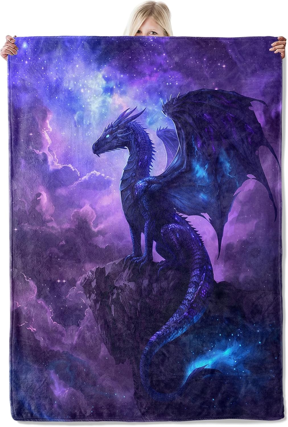 Cosmic Dragon Flannel Blanket 50x60in, Mystical Purple and Blue Fantasy with Majestic Animal and Starry Sky, Soft Lightweight Throw for Teens, Gamers, Magic Fans Decor Gifts Blankets