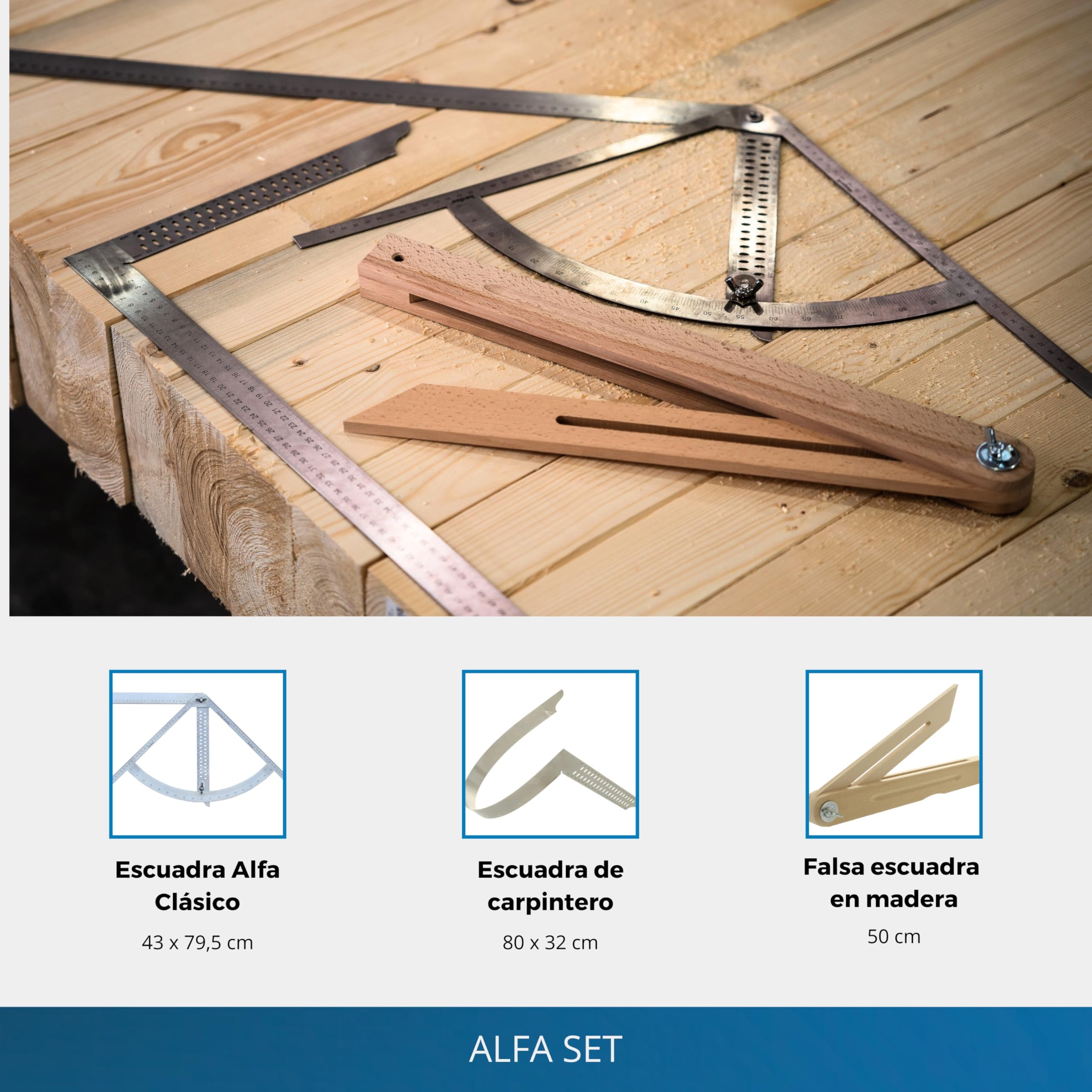 Instrumento de trazado Alfa Set M900d - Escuadra Alfa & escuadra de carpintero, Escuadra Alfa, Escuadra de carpintero & falsa escuadra de carpintero