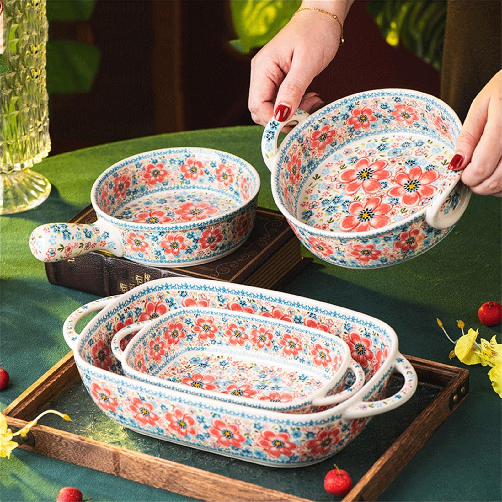 Versátil Fuente for horno de cerámica con estampado floral y dos asas