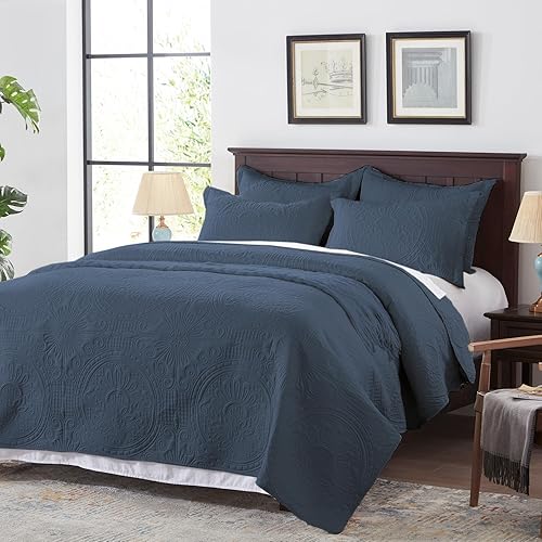 Anluoer Juego de ropa de cama de tamaño individual, color azul marino en relieve, colcha ligera de microfibra suave de verano, colcha para todas las