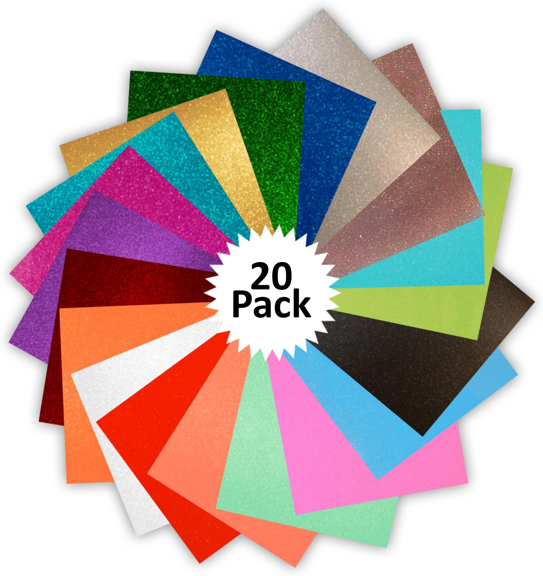 Glossy Glitter Vinyl Self Adhesive Sheets 20 Color Pack Assortment Craft Vinyl 6 inch X 6 inch Squares