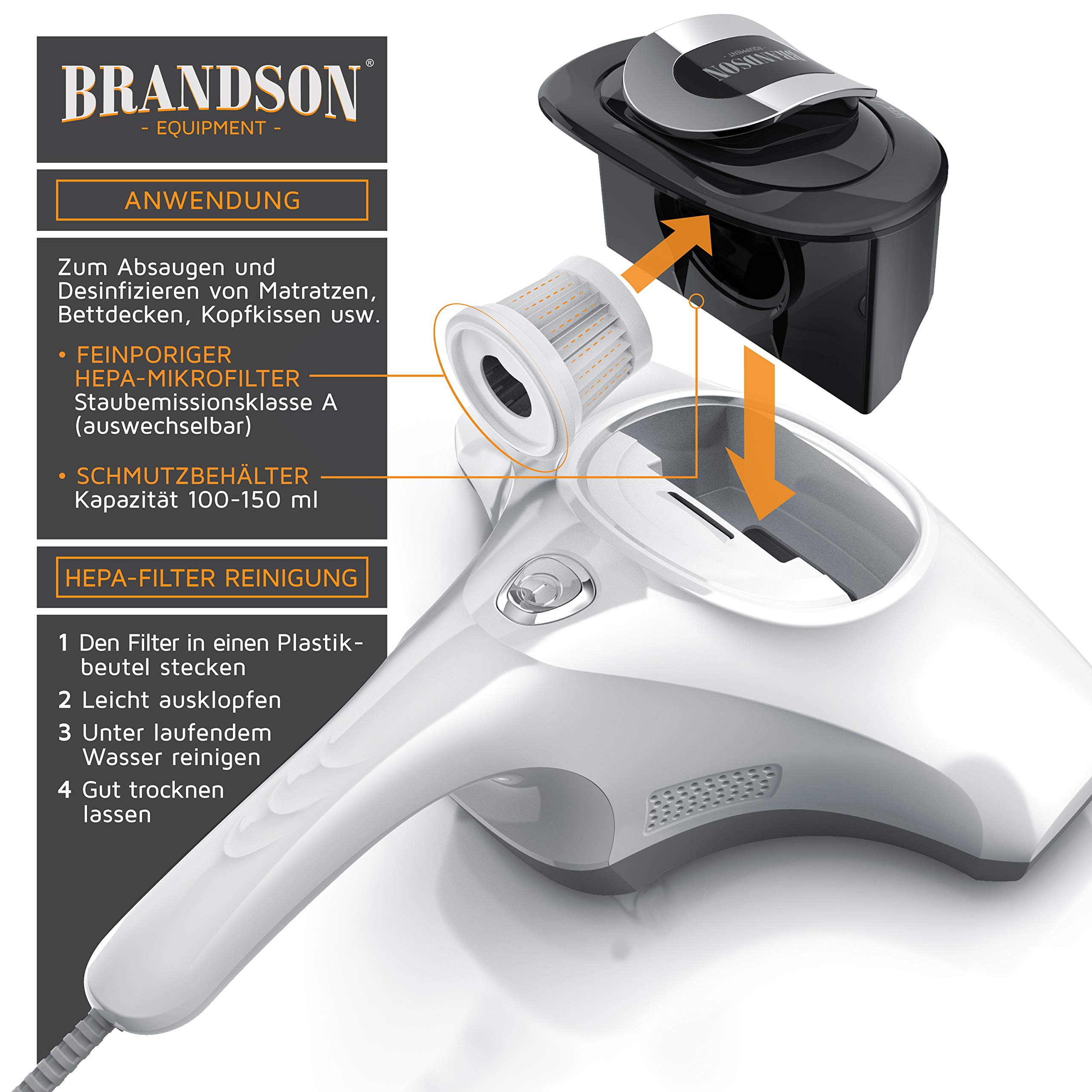 Brandson Milbenstaubsauger 300W mit UV Sterilisationslicht 150 ml für Allergiker