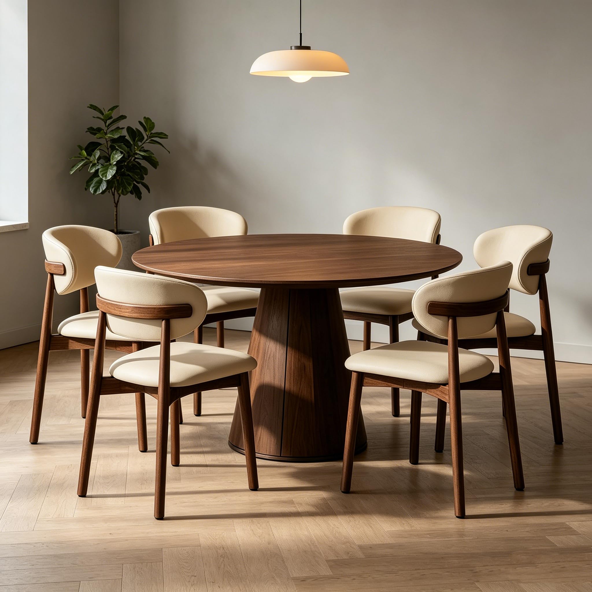 Qikoujiaju Mid Century Modern Solid Rubberwood Dining Chairs Set of 4, Upholstered Faux Leather Padded Seat Side Chairs, Farmhouse Wooden Kitchen