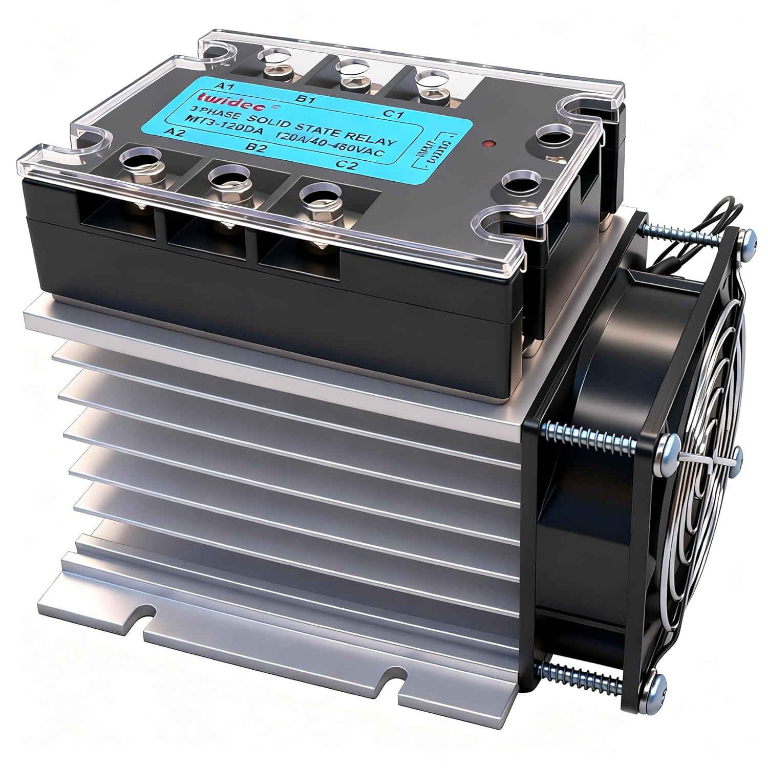 Twidec/3 Phase Solid State Relay 120DA SSR Relay DC to AC 40A 3-32VDC to 40-480V AC Relay + Aluminum Heat Sink + Electric Fan MT3-120DA-SF