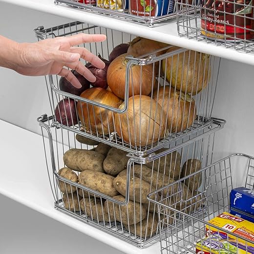 Sorbus Farmhouse Scoop Storage Bin Wire Baskets with Handles, Stackable Basket Set Organizers for Home-Kitchen Pantry-Bathroom, Laundry, Closet Organization, Iron Metal (4-Pack, Silver)