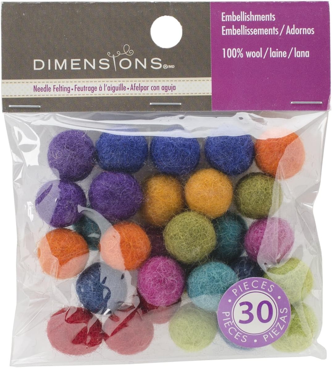 Crafts Assorted Mini Wool Balls for Needle Felting, Small, Multicolor, 30 pcs