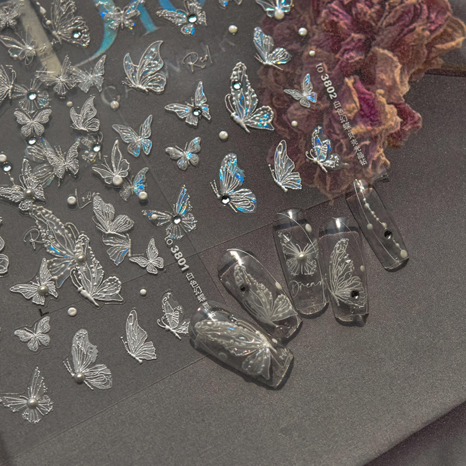 5D Embossed Butterfly Nail Art Stickers Shiny Shell Light White Butterflies Nail Decal with Rhinestones Self Adhesive Butterfly Nails Design Sliders