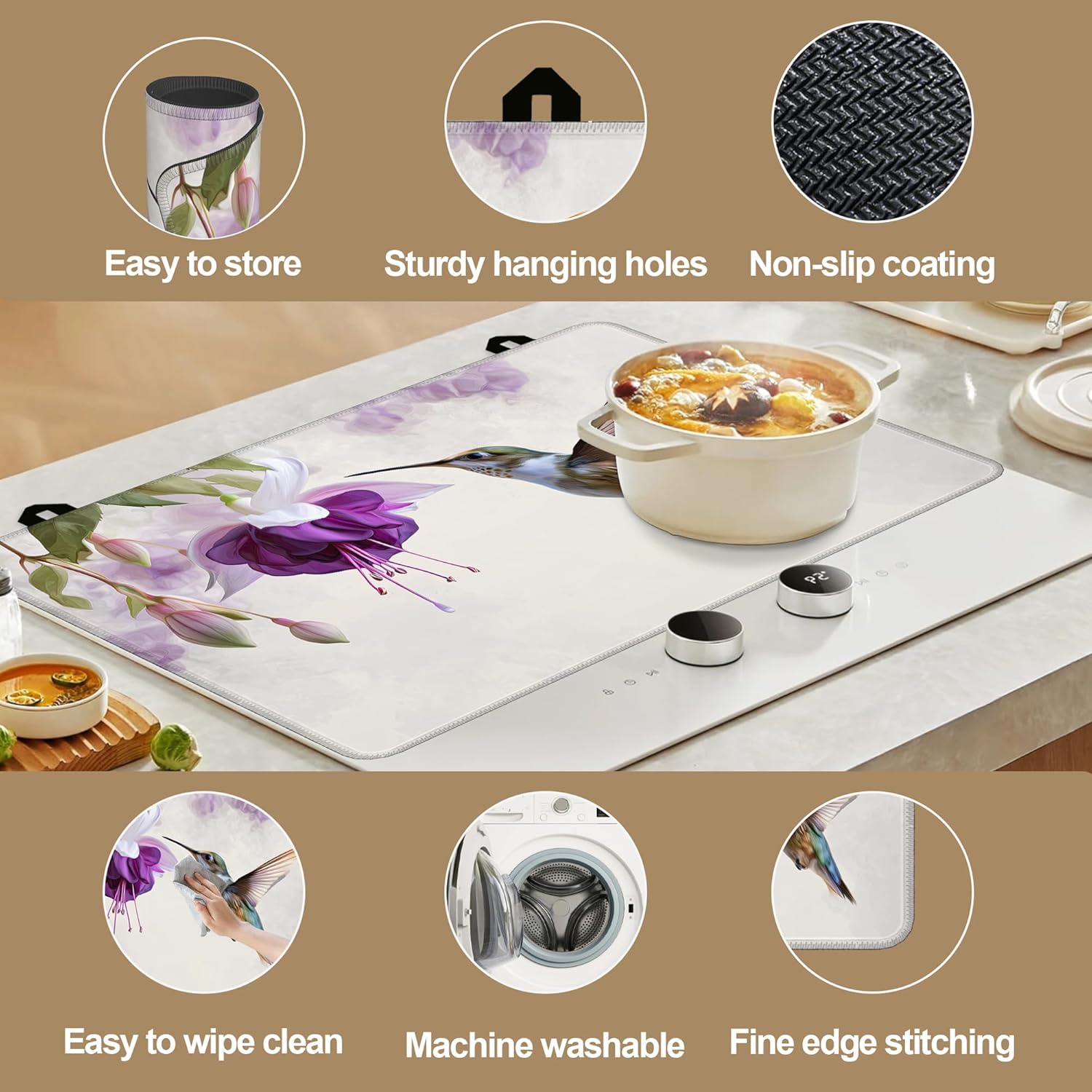 Stove Top Covers for Electric Stove,Hummingbird Purple Flower Floral Heat Resistant Glass Cooktop Cover Protector for Kitchen Ceramic Countertop Dish Drying Mats 28.5×20.5 in