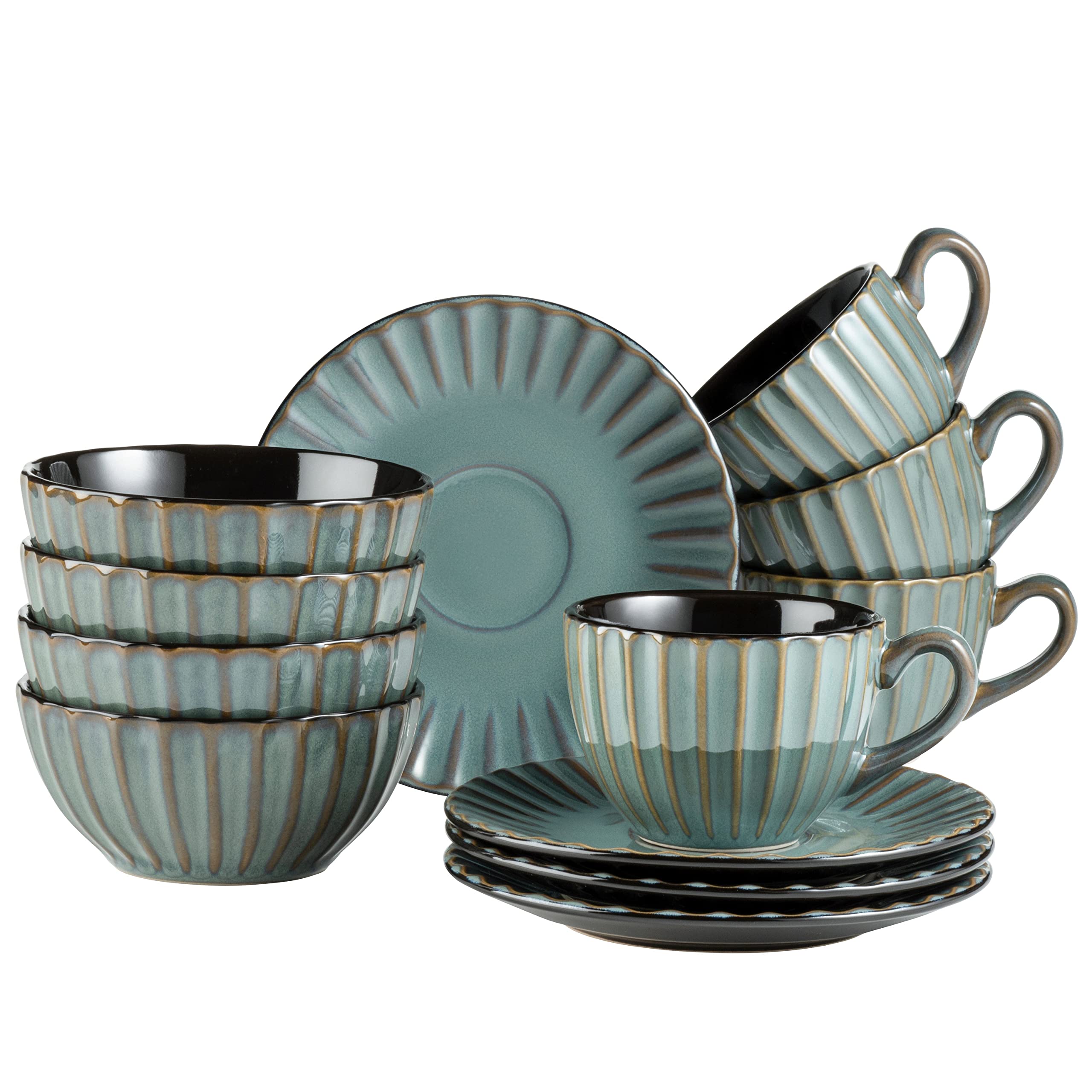 MÄSER 931966 Serie Confino Geschirr Set für 4 Personen im modernen Vintage Look, 12-teiliges Frühstücksgeschirr Service aus Keramik in Petrol mit schwarzen Akzenten, Steinzeug Küche, Haushalt & Wohnen