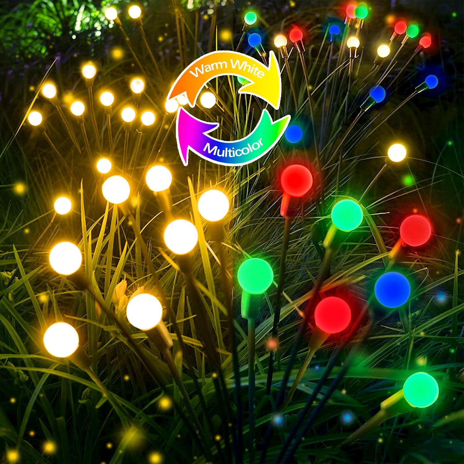 Paquete de 6 luces solares de jardín que cambian de color, 48 luces LED de luciérnaga solares al aire libre (movimiento por el viento), luces