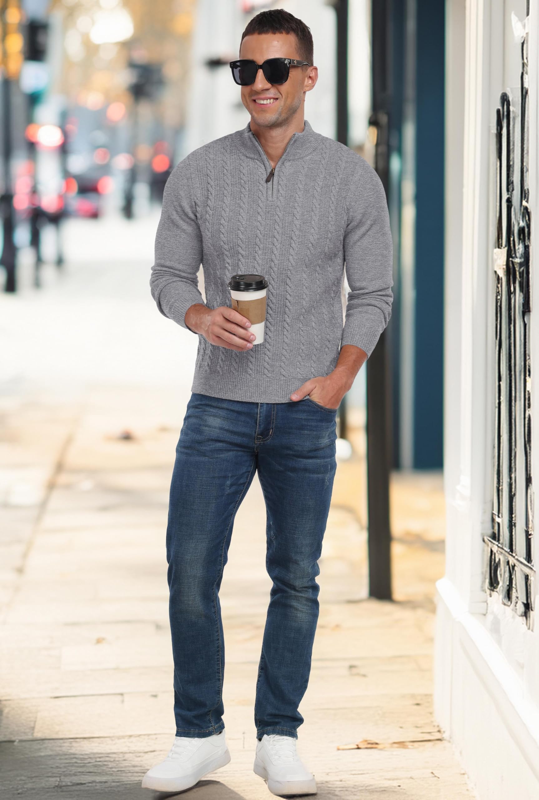 Hisir Maglione invernale da uomo con cerniera, a girocollo, a maniche lunghe, stile casual