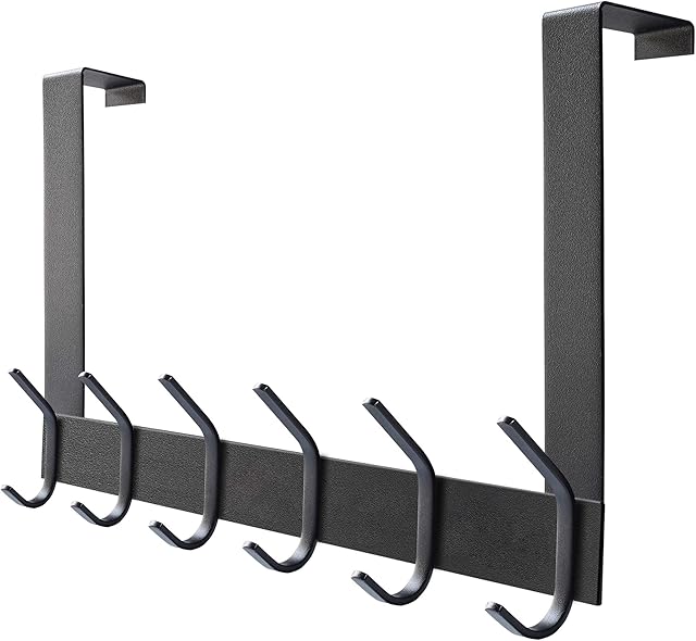 YUMORE Over Door Hook Hanger, Over The Door Hanger with 12 Hooks Stainless Steel Over Door Hanger Organizer Hanging Coat Clothes Towels Robes for Bathroom Bedroom, Matte Black, Space Saving