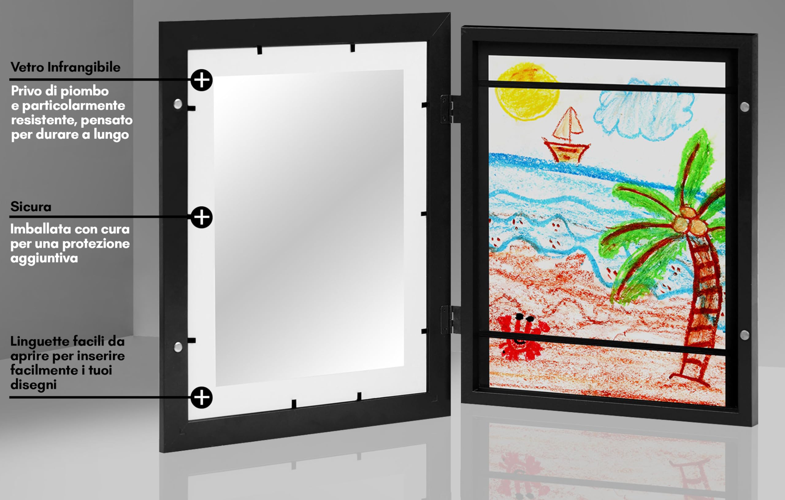 Americanflat Cornice Porta Disegni per Bambini (Nero) - Cornice A4 da Parete con Passepartout e 25,5x32 cm Senza Passepartout - Apertura Frontale con Vetro Infrangibile