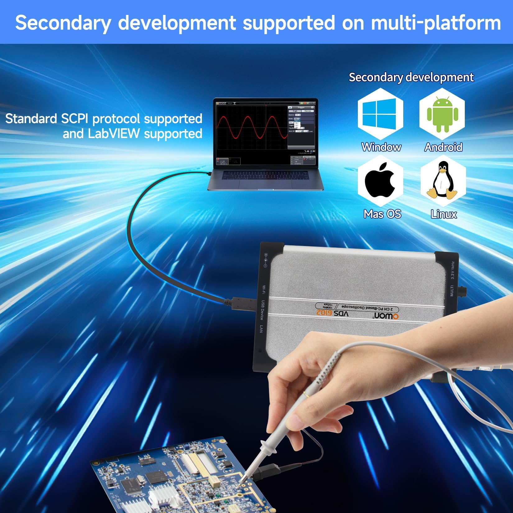 OWON VDS6102 PC Osciloscopio de 2 Canales, Osciloscopio USB, Resolución Vertical de 8 Bits, Ancho de Banda de 100 MHz, Generador de Señ Resolución Vertical de 8 Bits, Ancho de Banda de 100 MHz