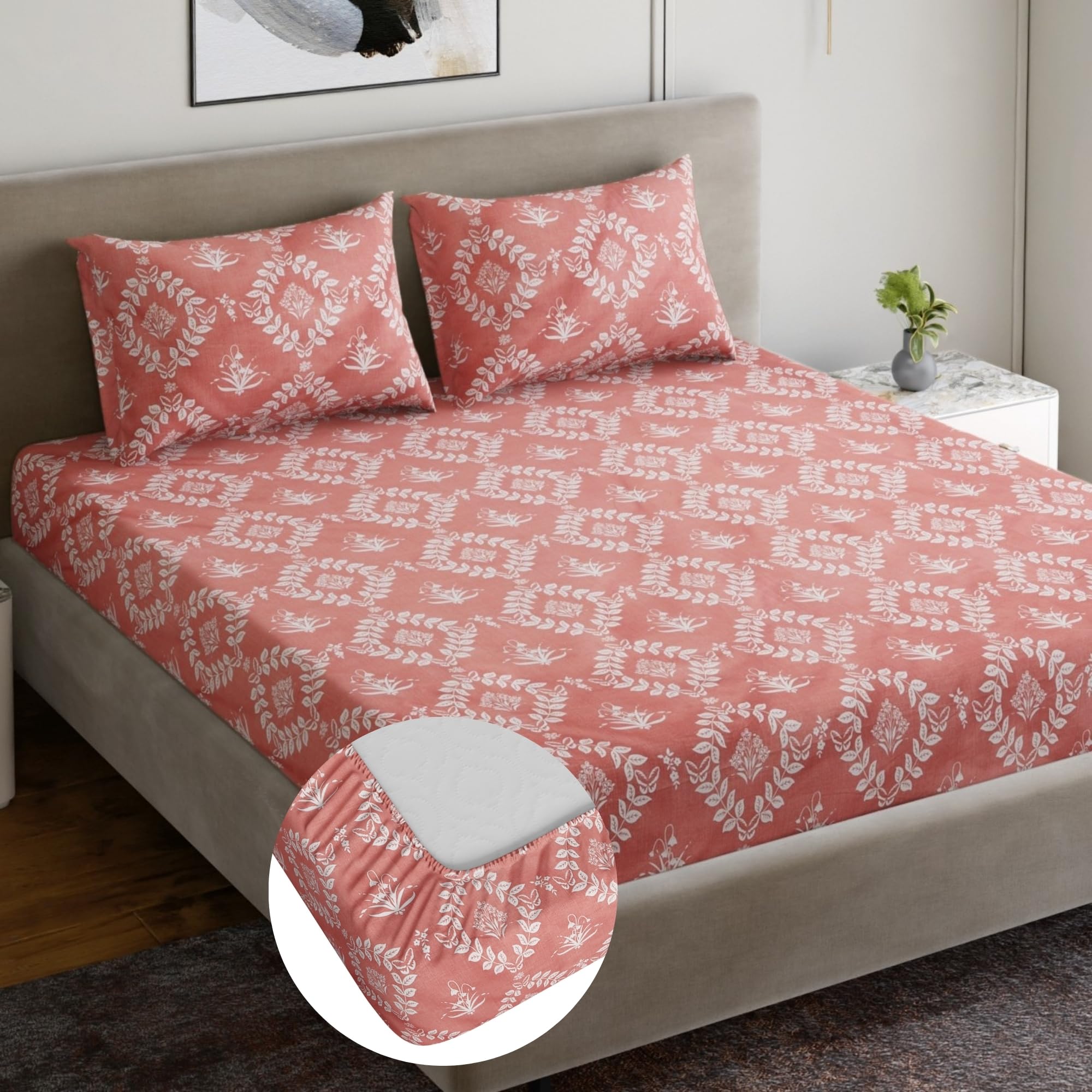 Dreamscape Microfibre Wrinkle & Fade Resistant King Fitted Bedsheet with 2 Pillow Covers - (Size 72 x 78 inches, TC, Colour - Coral)-image-49