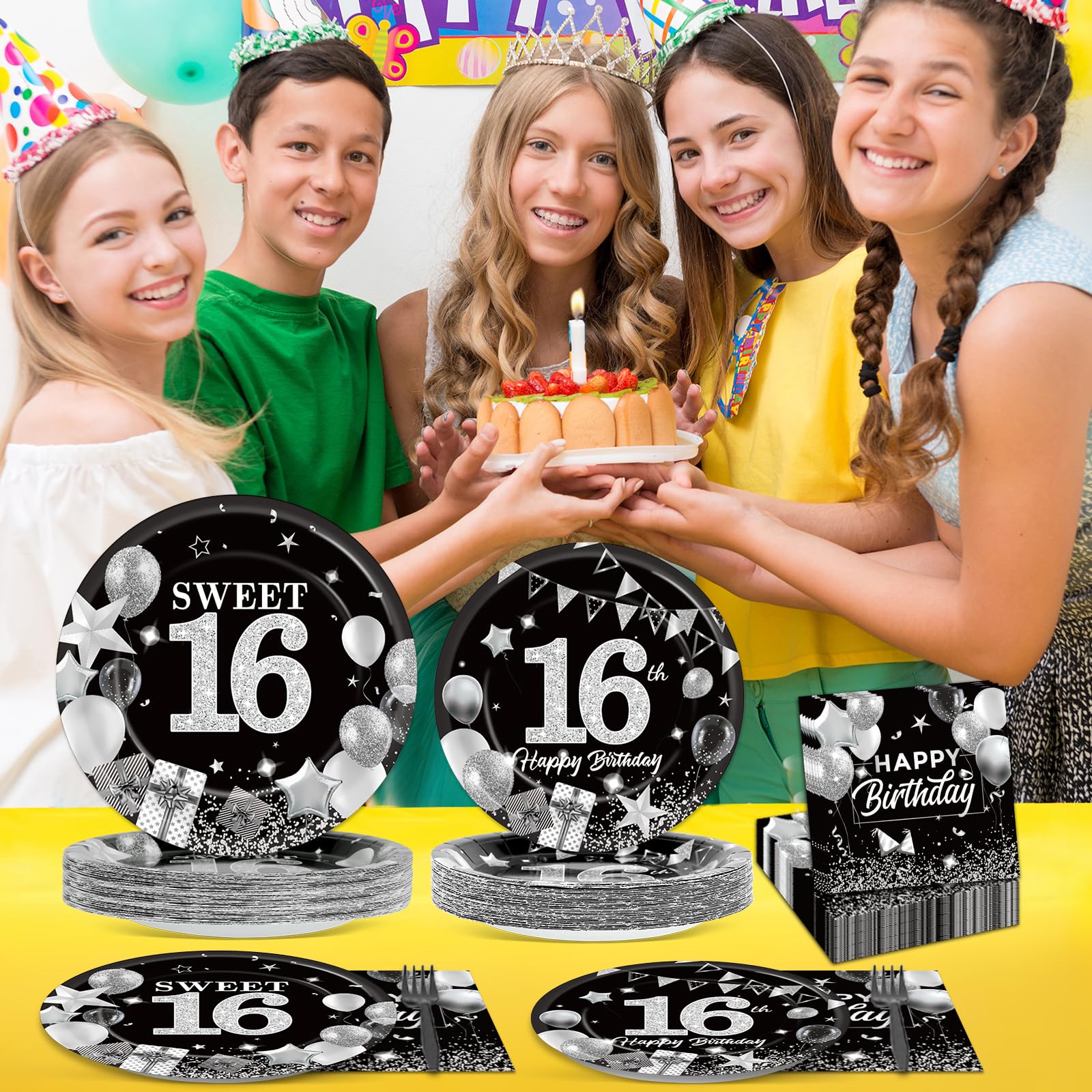 Black & Silver Glitz Happy 100th Birthday Napkins Tablecover Plates