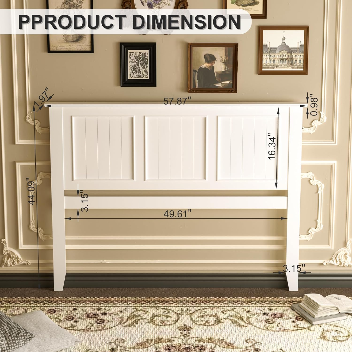 Scurrty Modern Headboard with Vintage Wood Frame,Antique Style Wood Headboard Full Size, Bedroom Furniture (White)