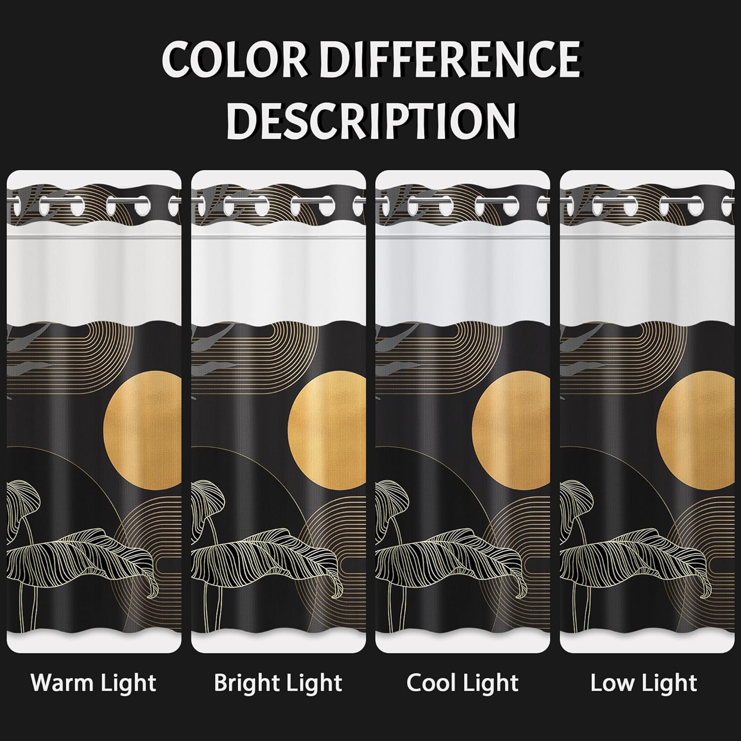 Black and Gold Hookless Shower Curtain with Snap in Liner, Modern Boho Masculine No Hook Double Layer Shower Curtain and Liner Set, Waterproof Cloth Fabric, 71" W x 77" L (Pack of 1)