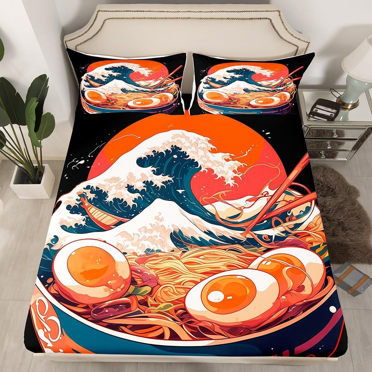 jejeloiu Ramen Fitted Sheet Full Size Kids Japanese Wave Bed Sheet Set for Boys Girls Teens Food Theme Ocean Wave Bedding Set Sea Waves Bed Cover Bed Set