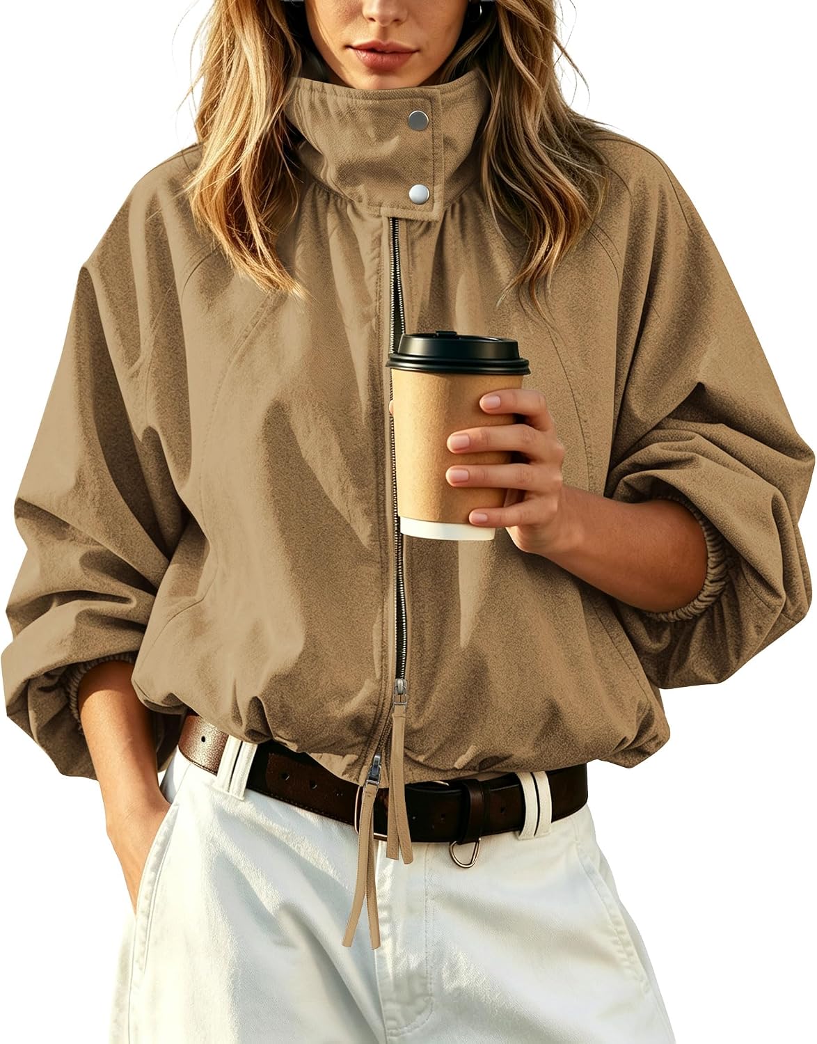 Womens Bomber Jacket Puffed Collar Trench Coat Funnel Neck Cropped Jackets