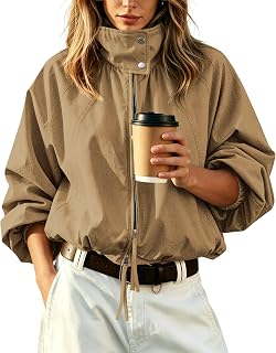 Womens Bomber Jacket Puffed Collar Trench Coat Funnel Neck Cropped Jackets | Disamer Oversized Crop Lightweight Jacket Casual,Puff Bubble Fall Clothes,Zip Up Outerwear,Spring,Stand Collar Winter Outfits