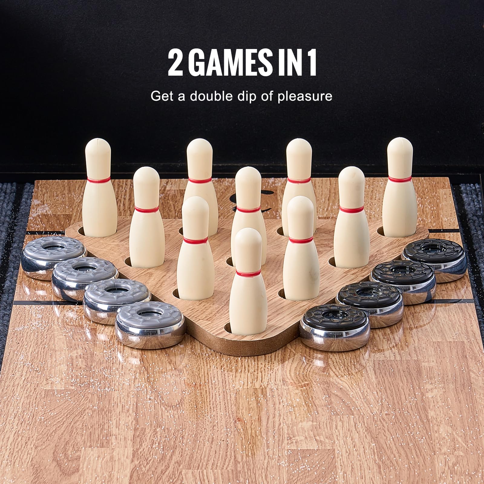 VEVOR 274,5 cm stół do shuffleboardingu z diodą LED, 2 w 1 stół do gry w kufle i kręgle, zestaw do shuffleboardingu, z odpornym na zarysowania placem zabaw i 8 kloszami, dla przyjaciół rodziny