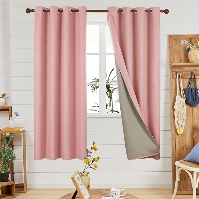 Deconovo Noise Reduction Faux Linen Curtains Full Blackout Curtains Eyelet Curtains Thermal Insulated Curtains for Girls Bedroom Blush Pink W52 x L72 One Pair