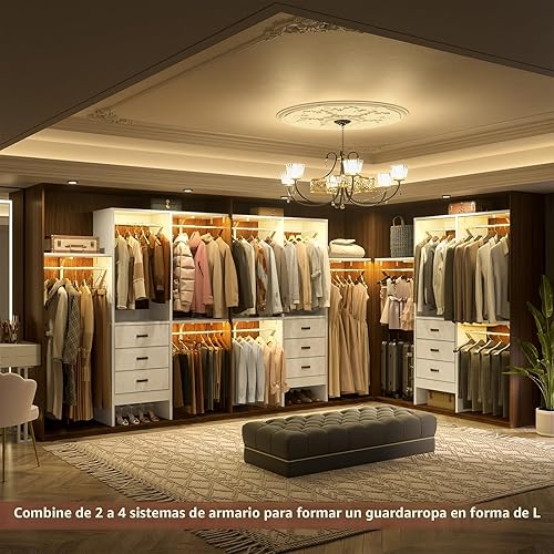 Miniatura 4 de Armocity Sistema de armario pequeño de 5 pies con 3 cajones de tela, sistema organizador de armario de 60 pulgadas con 3 estantes ajustables, Blanco