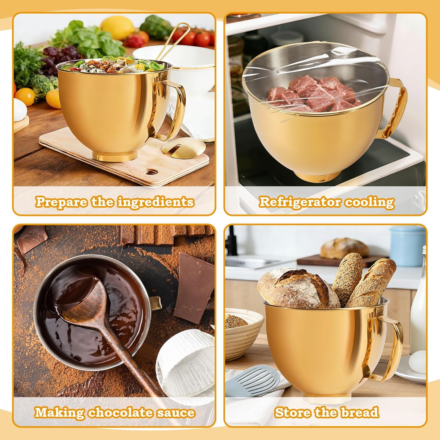 5 Quart Mixing Bowl for KitchenAid Stand Mixers, Food-Grade Stainless Steel Bowl with Handle & Clasp, Compatible with Tilt-Head 4.5–5 Qt Models – Fits K45, K45SS, KSM75, KSM150, KSM95 (Gold, 5QT)