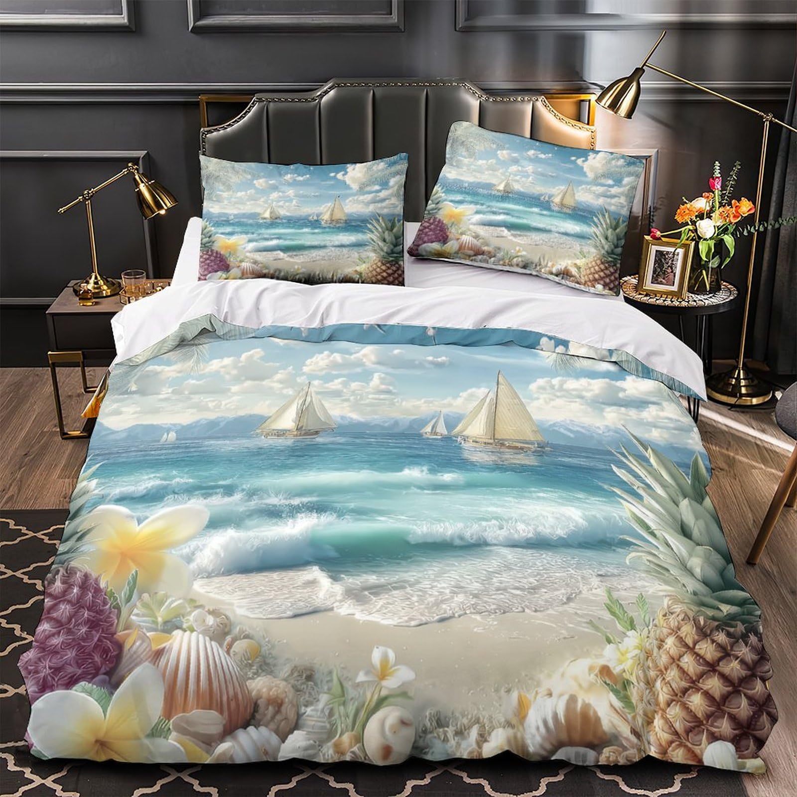 Housse de couette 3D ocean 260x220cm microfibre avec 2 taies lit couples paysage tropical