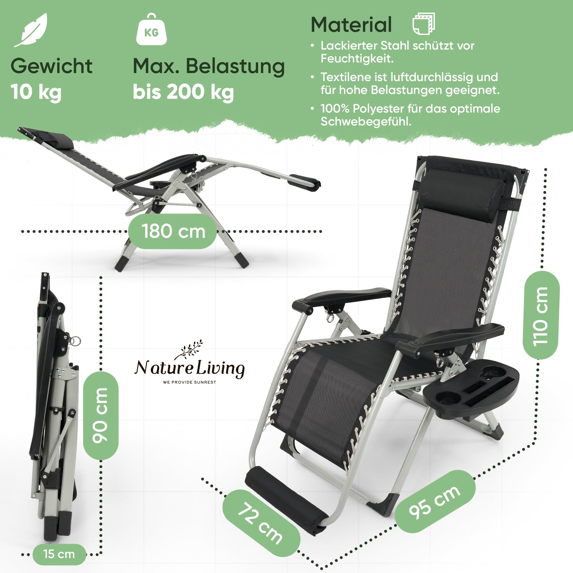 NatureLiving® Sonnenliege Liegestuhl klappbar- Robust, Faltbar & Wetterfest - Gartenliege mit Fußpolster für Garten und Balkon, Klappliege, Balkonliege, Outdoor Liege, Relaxliege, Belastbar 200kg