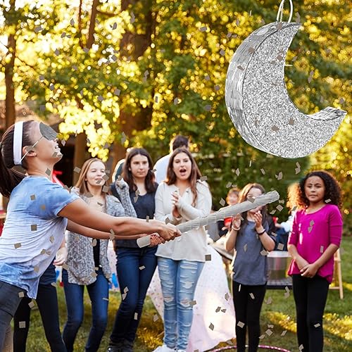 Miniatura 5 de Hicarer Piñata de luna plateada para niños, decoración de fiesta de cumpleaños, suministros de decoración de piñatas para niños, fiesta de