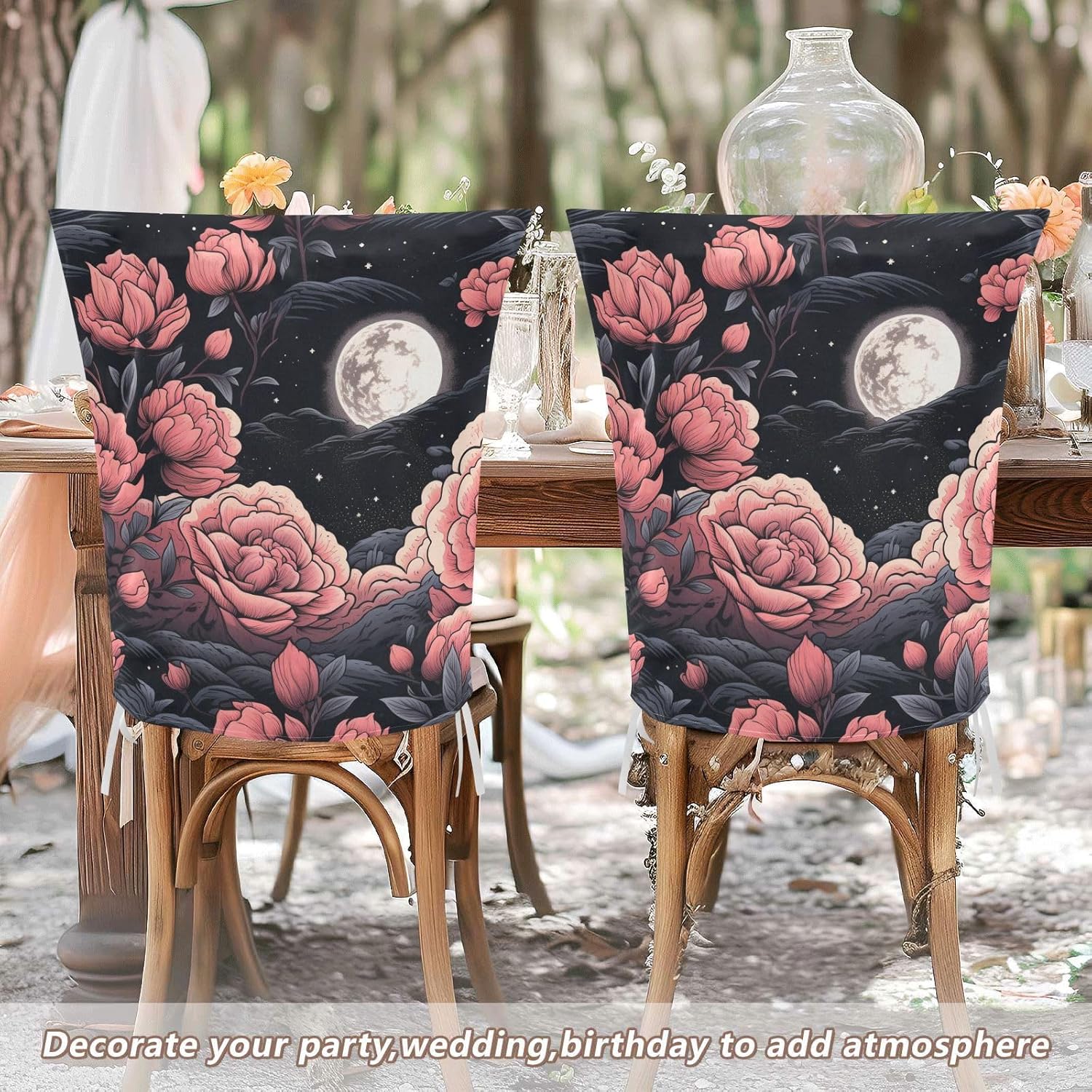 ALAZA Moon Roses Black Chair Back Cover Set of 6, Washable Reusable Removable Chair Slipcovers Decorative Chair Cover for Home Kitchen Wedding Party