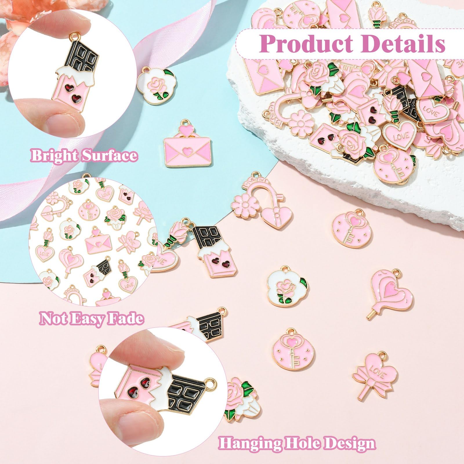 Stiesy 45Pcs 9 Styles Pink Charms for Jewellery Making Valentine's Day Enamel Charm Pendant Heart Chocolate Love Letter Key Flower Dangle Charms Bulk for DIY Date Necklace Bracelet Earring Presents - Image 3