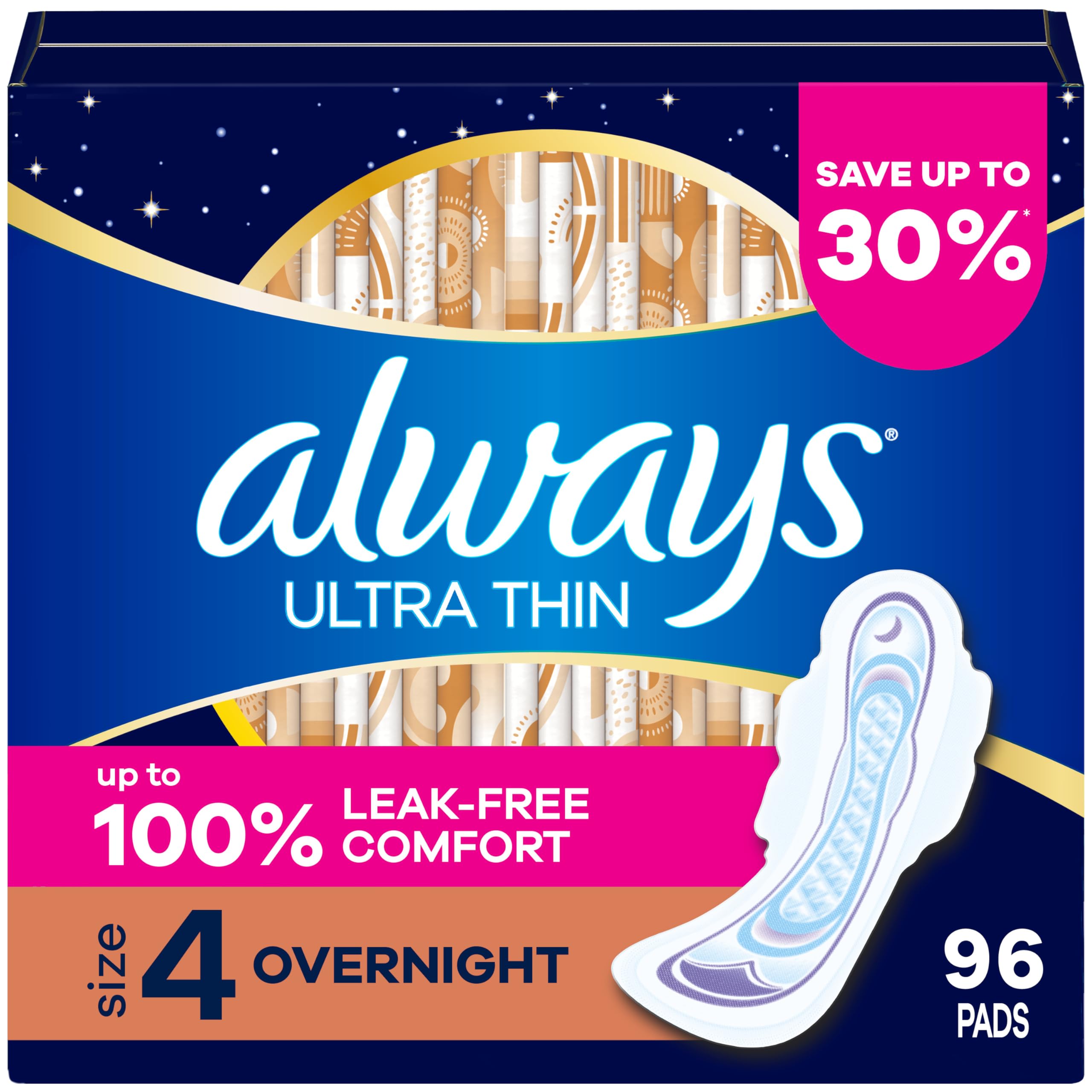 Always Ultra Thin Overnight Pads with Wings, Size 4, Overnight, 96 CT