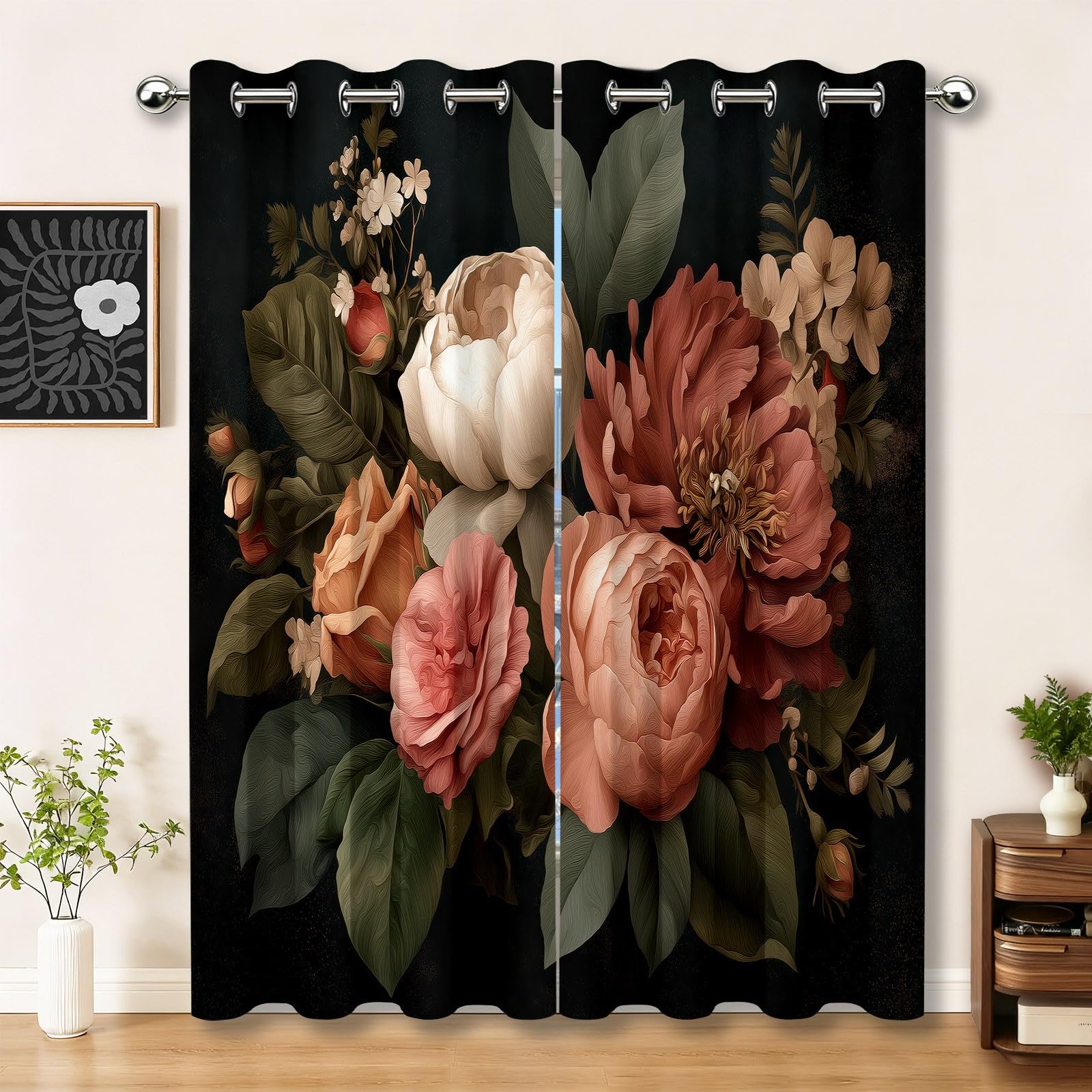 Rideaux occultants isolant thermique vert contre le froid avec imprimé pivoines roses
